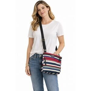Fossil Striped Crossbody Bag Adjustable Strap Multicolor Nylon Zip Purse